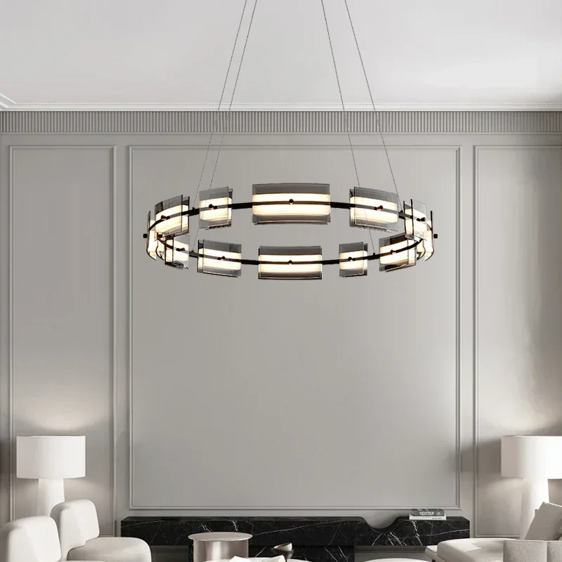 

Italian minimalist living room chandelier, minimalist and high-end design, glass restaurant, all copper lighting fixtures