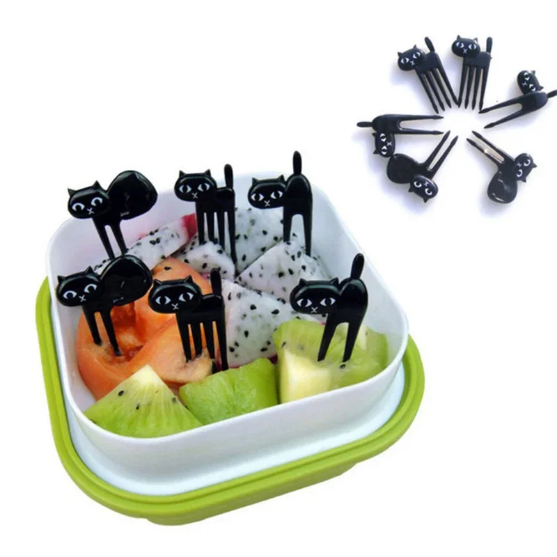 6 unids/set tenedor de fruta de gato negro Mini bocadillo de dibujos animados pastel postre comida tenedores Bento almuerzos accesorios utensilios de cocina para niños