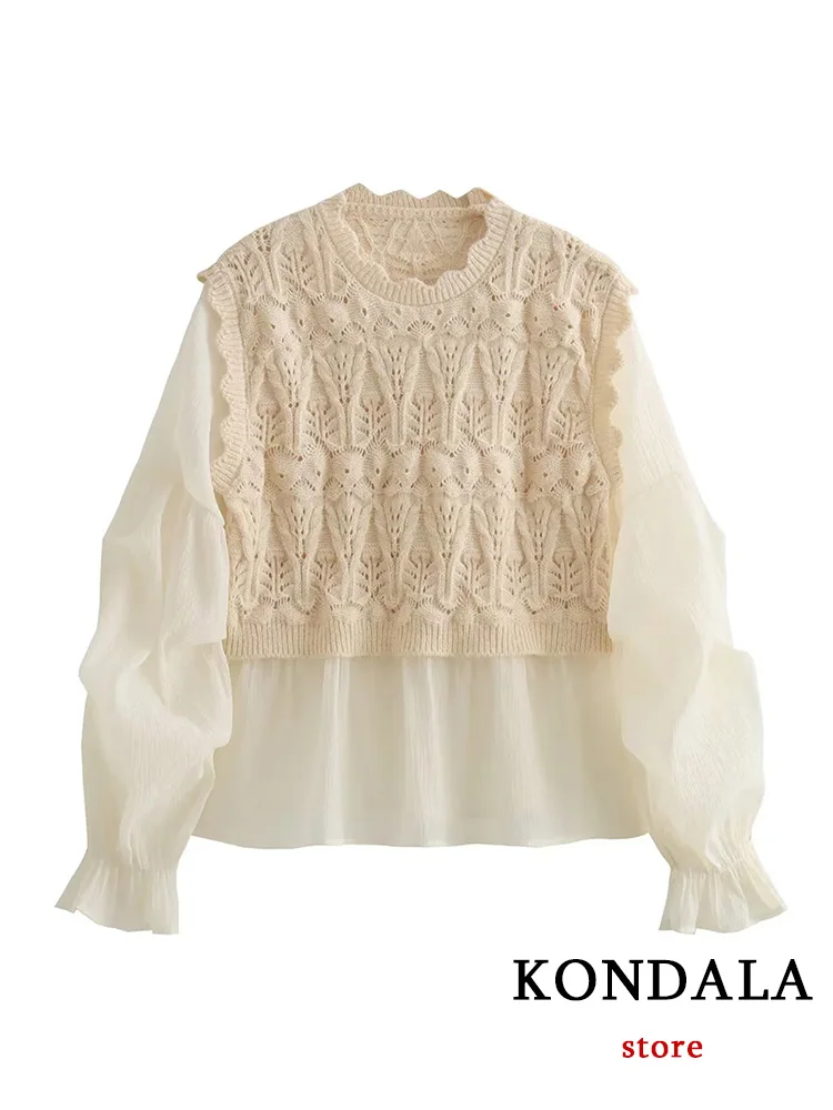 KONDALA Vintage Casual Chic Women Sweater Splice O-Neck Pullover Long Sleeve Knitted Sweater Fashion 2023 Autumn Holiday Sweater