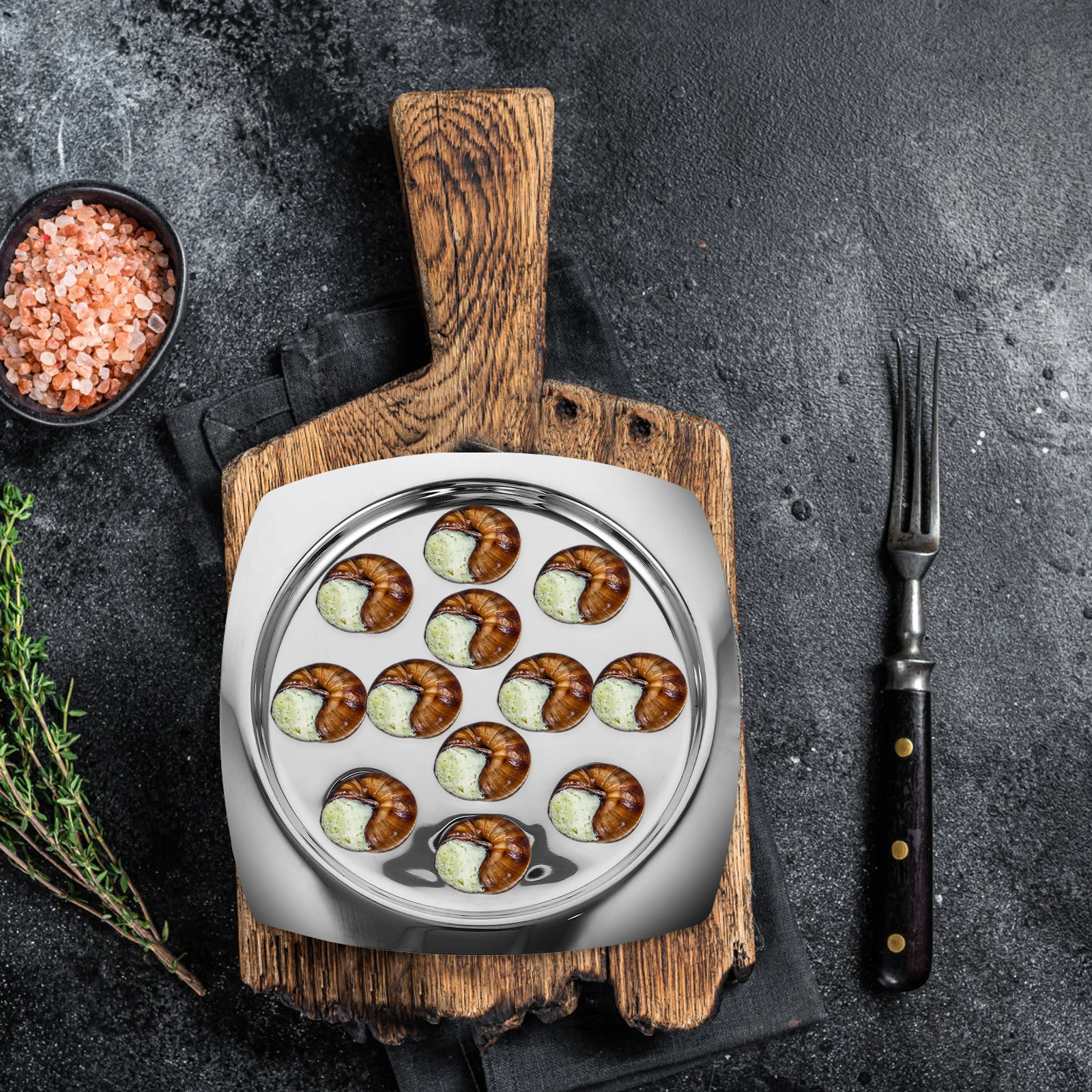 

Stainless Steel Snail Plate Escargot Dish Thickened Baking Oven Grills Fruit Cakes Pastry Salad Seafood Dishwasher