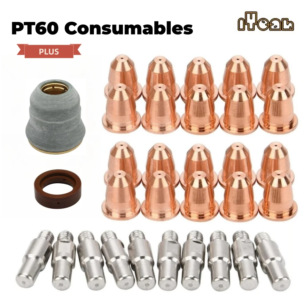 Consumibles de PT60 PTM60, arco piloto no HF, antorcha de Plasma, utilizado por CUT55 CNC y CUT60, 10 electrodos, 20 puntas, 1 copa de escudo, 1 anillo