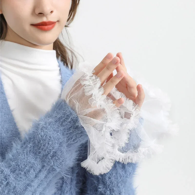 1 paio stile coreano polsini staccabili maglia di pizzo maniche svasate finte strato pieghettato increspato polsini falsi maglione camicetta scaldapolsi