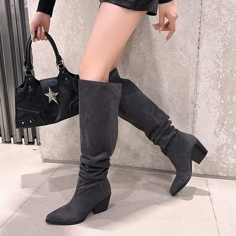 JOZHAMTA Size 34-42 Women Ruched Knee High Boots Elastic Suede Block High Heels Shoes Fall Winter 2025 Wide Calf Long Tall Boots