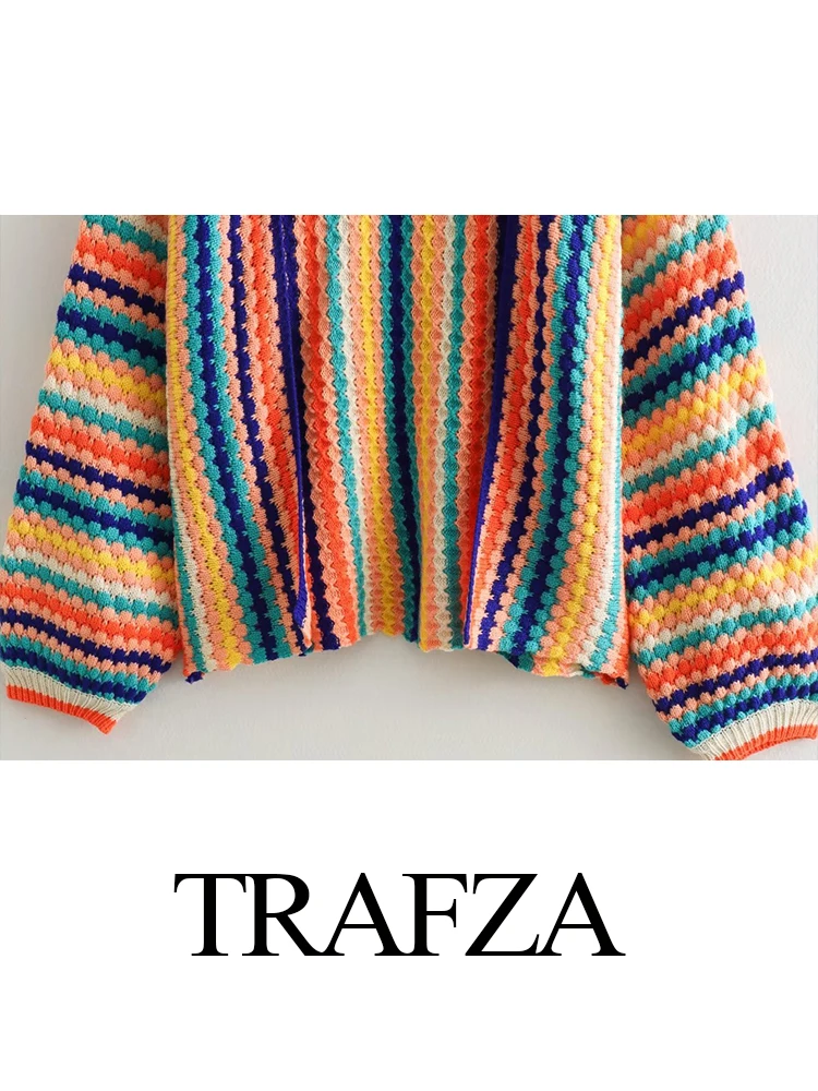 Trafza-camisola de crochê feminino com ponto aberto, camisola colorida, manga solta e longa, estilo vintage, outono, 2023