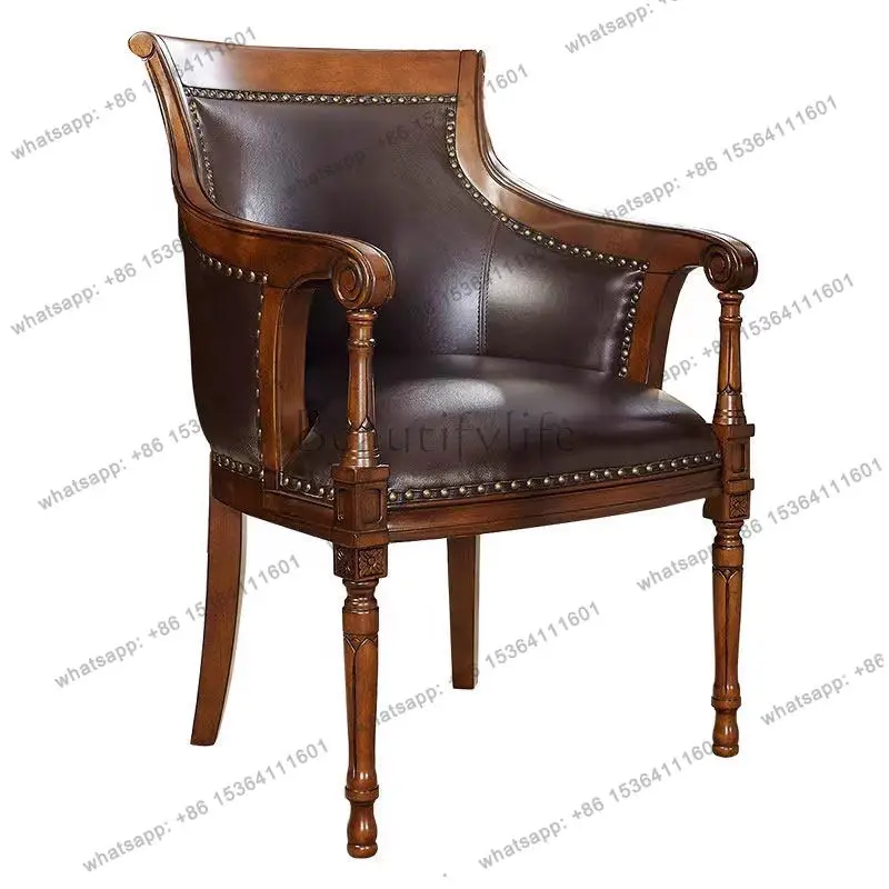 

American solid wood book chair office rural retro backrest armrest leather European leisure chair