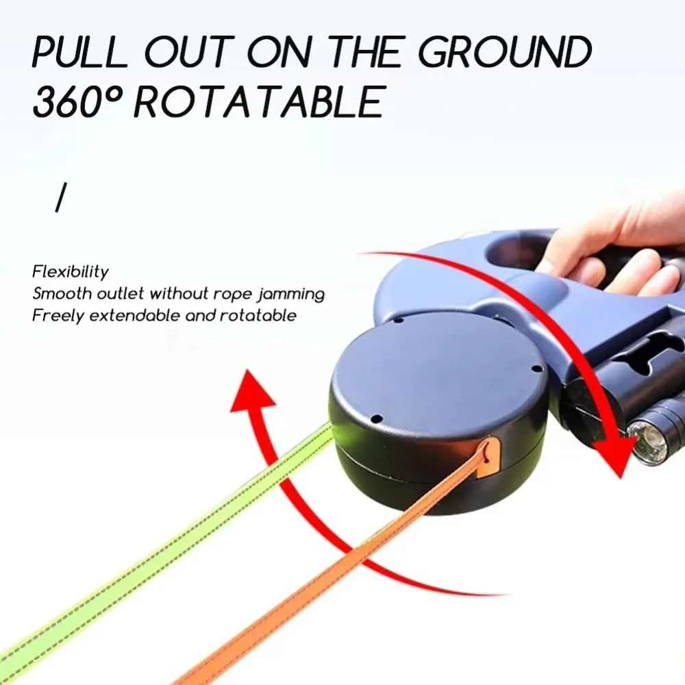 

С фонариком, двойной выдвижной поводок для собак, выдвижной держатель для мешка для какашек, дорожки для собак, веревка, светодиодные фонари 360° ° Вращающийся