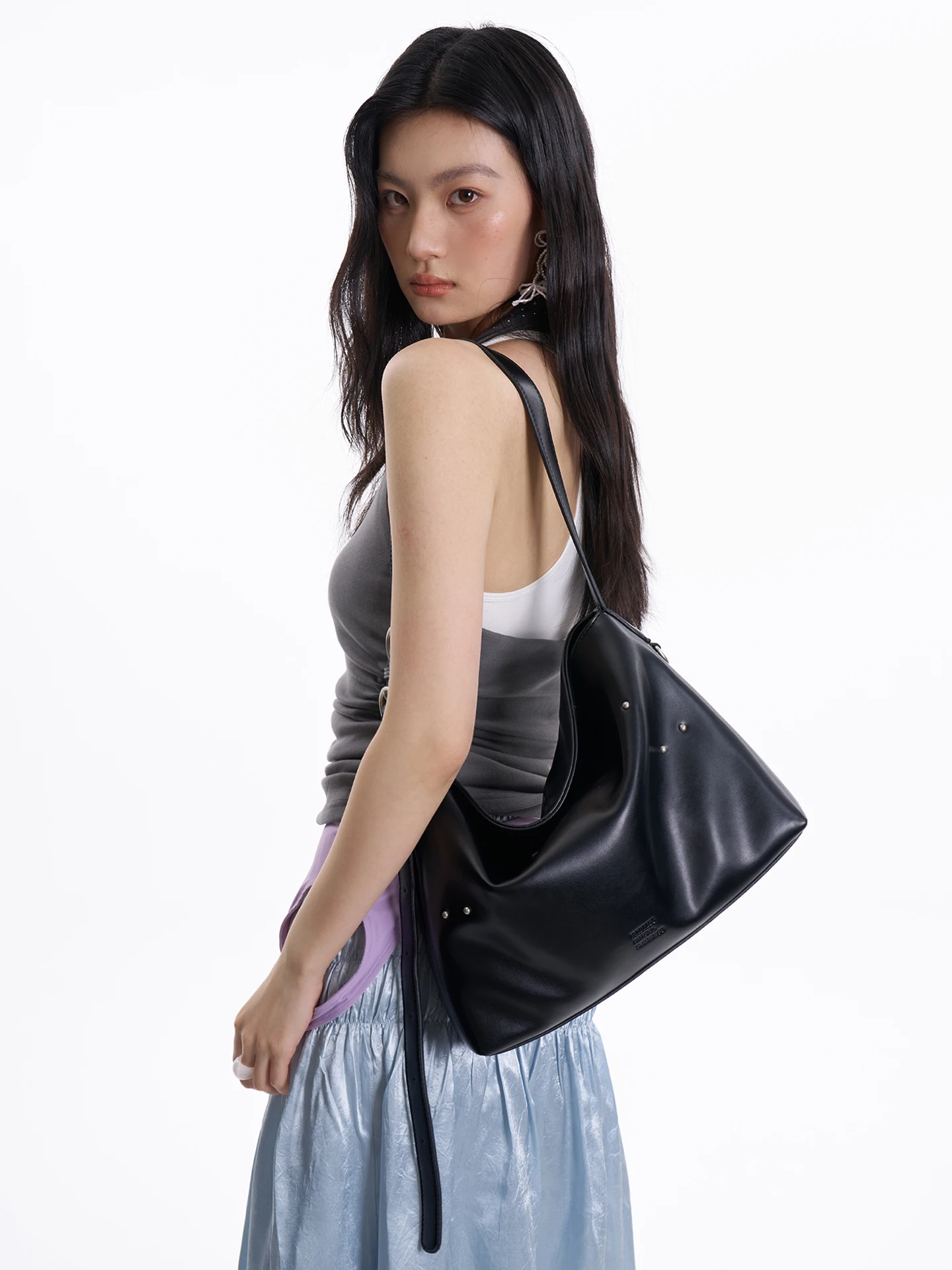 Black Zolma Small Size Hobo Bag Commuter Crossbody Tote Bag Single Shoulder Bag with Rice Nail Decoration Elegant And Stylish - view 4