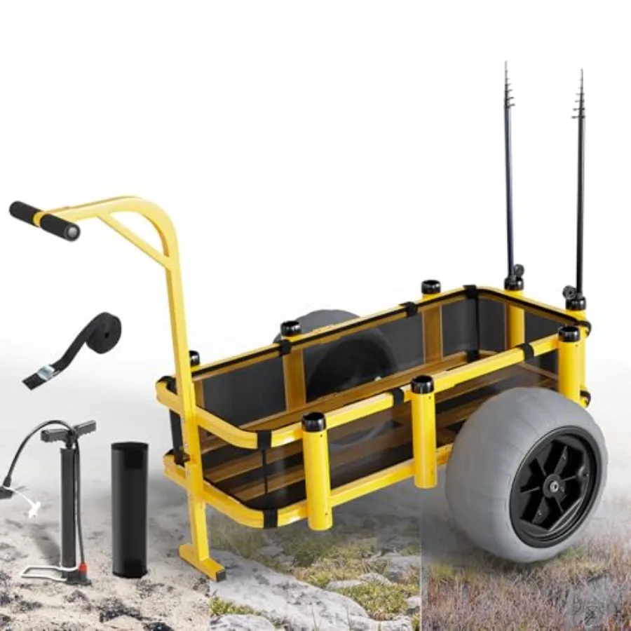 

Beach Cart Fishing Cart with 16 Big Balloon Wheels for Easy Movement on Sand 400 lbs Load Capacity 8 Rod Holders Mesh Storage B