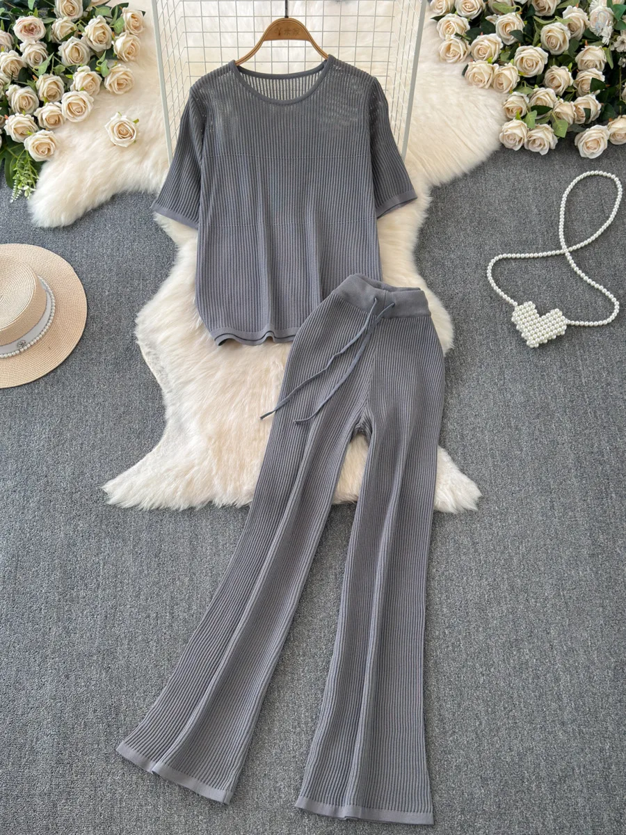 2024 Casual Set Summer New Round Neck Hollow Out Knitted Pullover Top+High Waist Wide Leg Pants Two Piece Set For Women Outfits