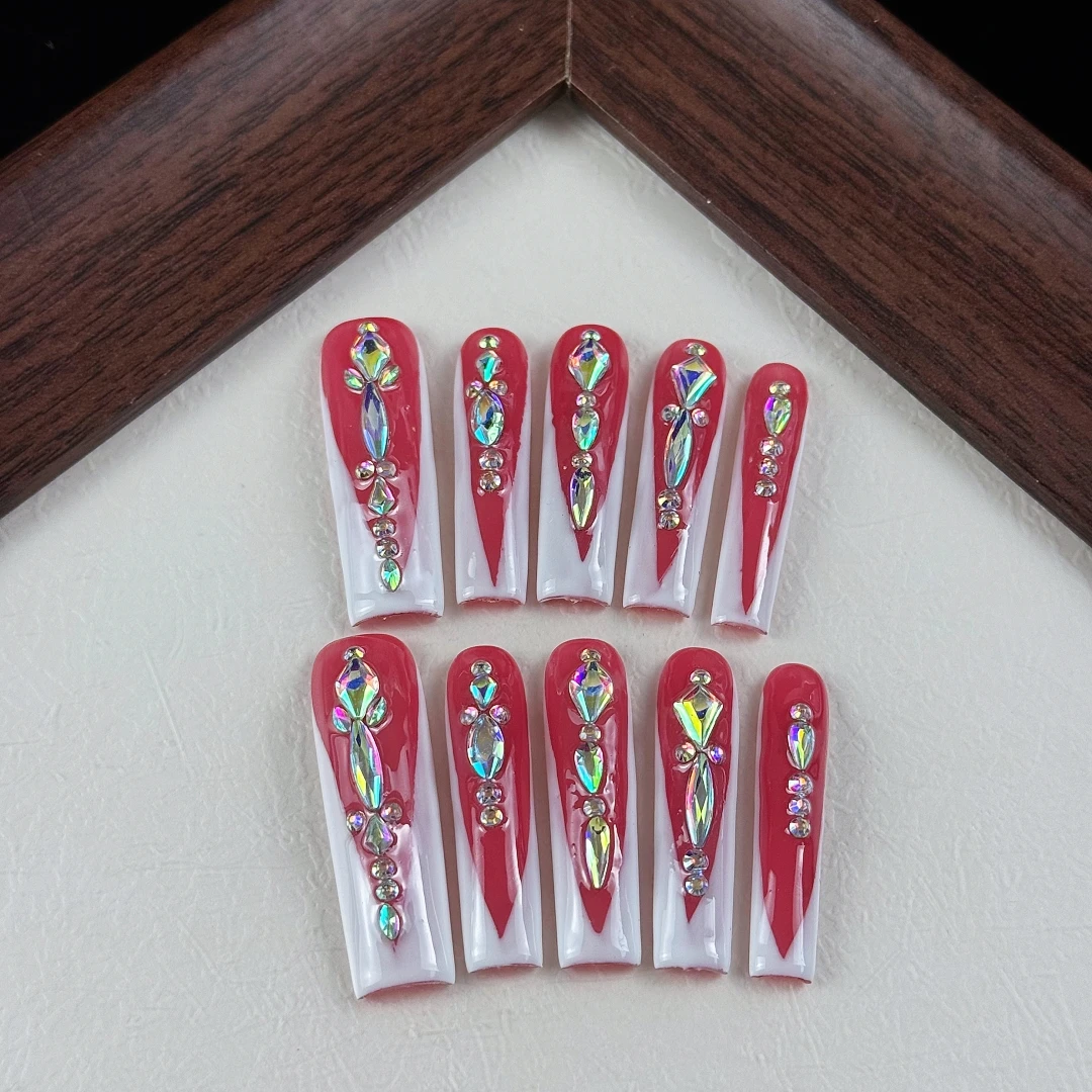 10pcs High-end Fashionable niche design style, hand-painted three-dimensional square diamond, V-shaped design handmade fake nail