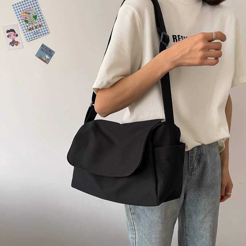 Canvas Women's Bag 2023 New Eco Bag Korean Shoulder Bag Shopper Messenger Bag Y2K Handbag School Satchel Black Crossbody Pockets