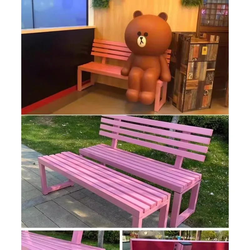 Internet celebrity pink bench backrest, shopping mall rest row chairs, park chairs, chairs, outdoor solid wood bench, iron art