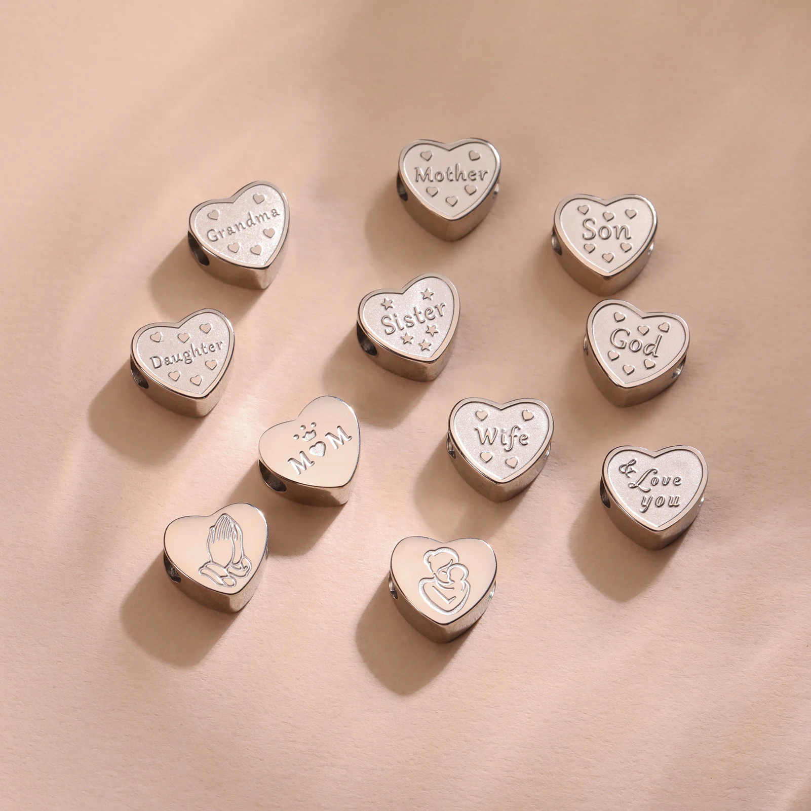 EUEAVAN 1pc Heart Shape Family Series Charms for Jewelry Making Mother Father Wife Sister Stainless Steel Charms DIY Jewelry Sup