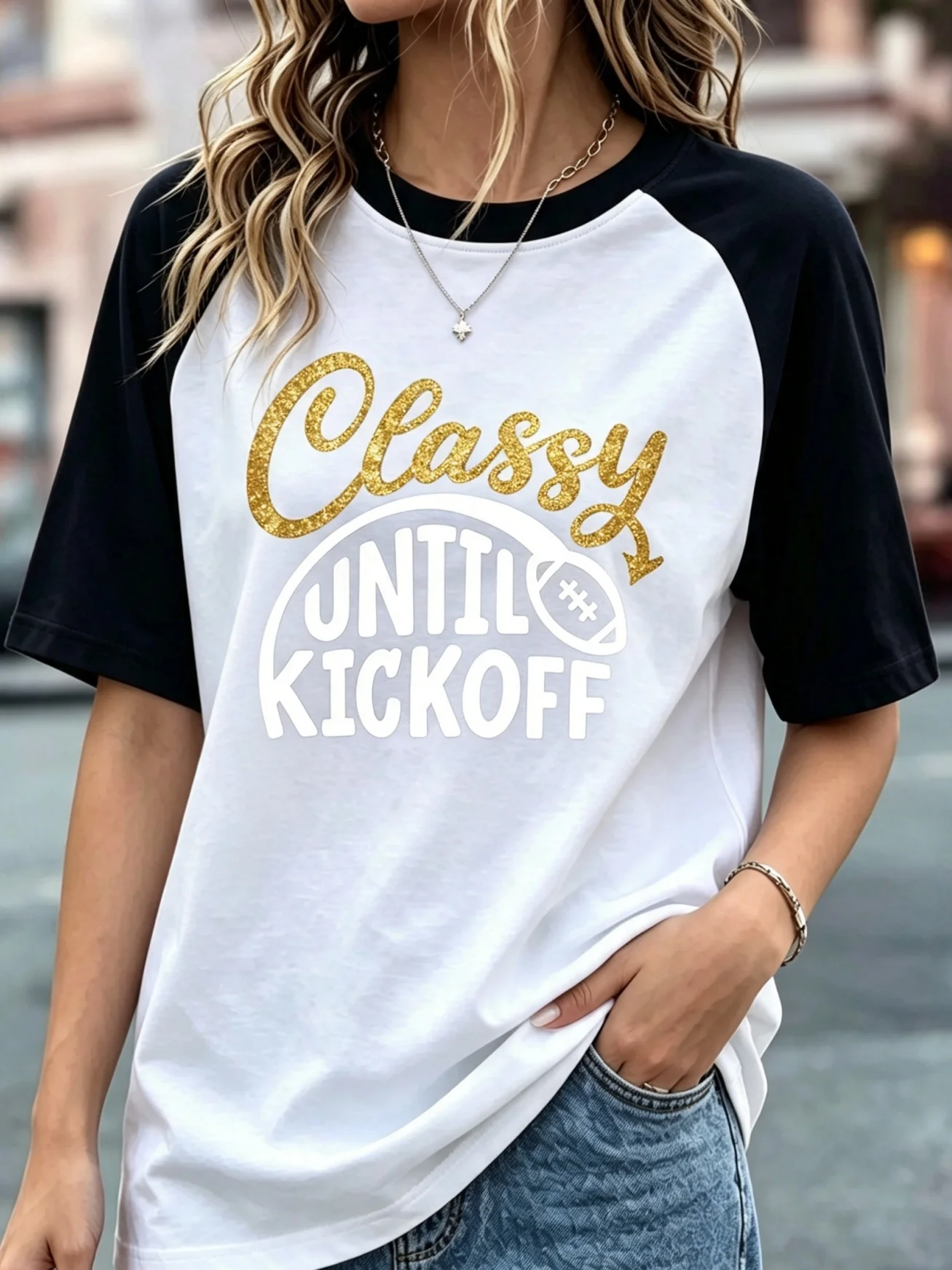 Classy Until Kickoff Football Graphic Raglan T‑Shirt, Women Color Block Short Sleeve Game Day Baseball Tee