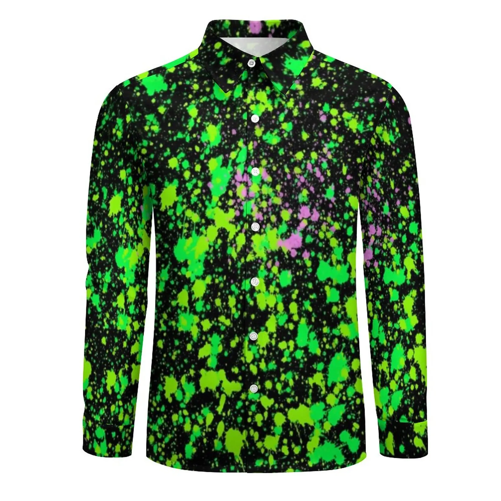 Green Neon Paint Shirt Mens Abstract Art Print Casual Shirts Autumn Street Style Graphic Blouses Long Sleeve Cool Oversized Tops