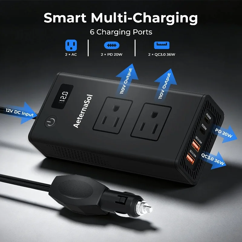 2026 New POP AeternaSol 200W Car Power Inverter DC 12V to AC 110V 120V Converter Adapter Charger RV US  Type-C Charger Adapter Cigarette Lighter