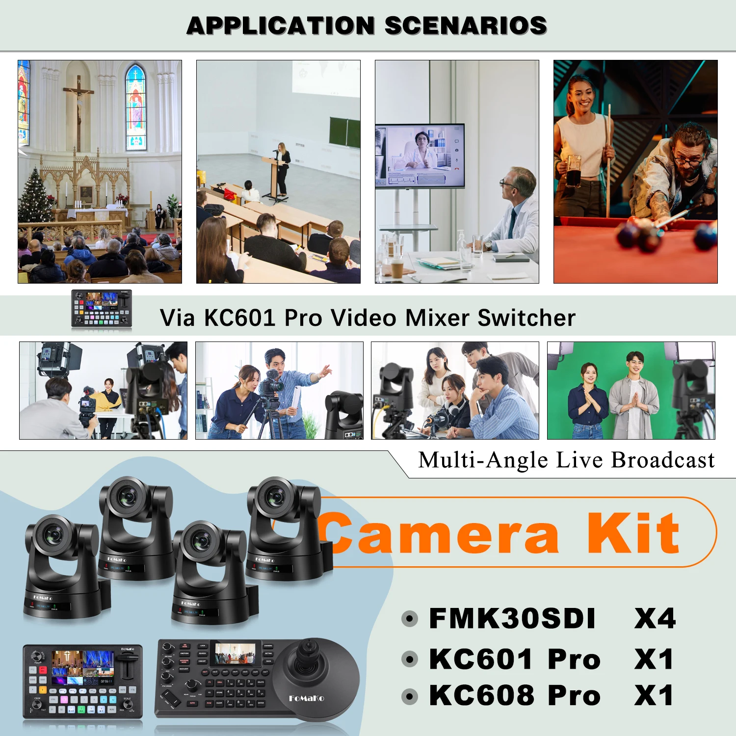 BH630 4*FMK30SDI 30x  SDI HDMI PTZ Camera Set 1pc PTZ Camera Joystick Ptz Controller 1pc Video Mixer Switcher for Livestreaming