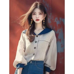New Popular Shirt Apricot Navy Collar Striped Top