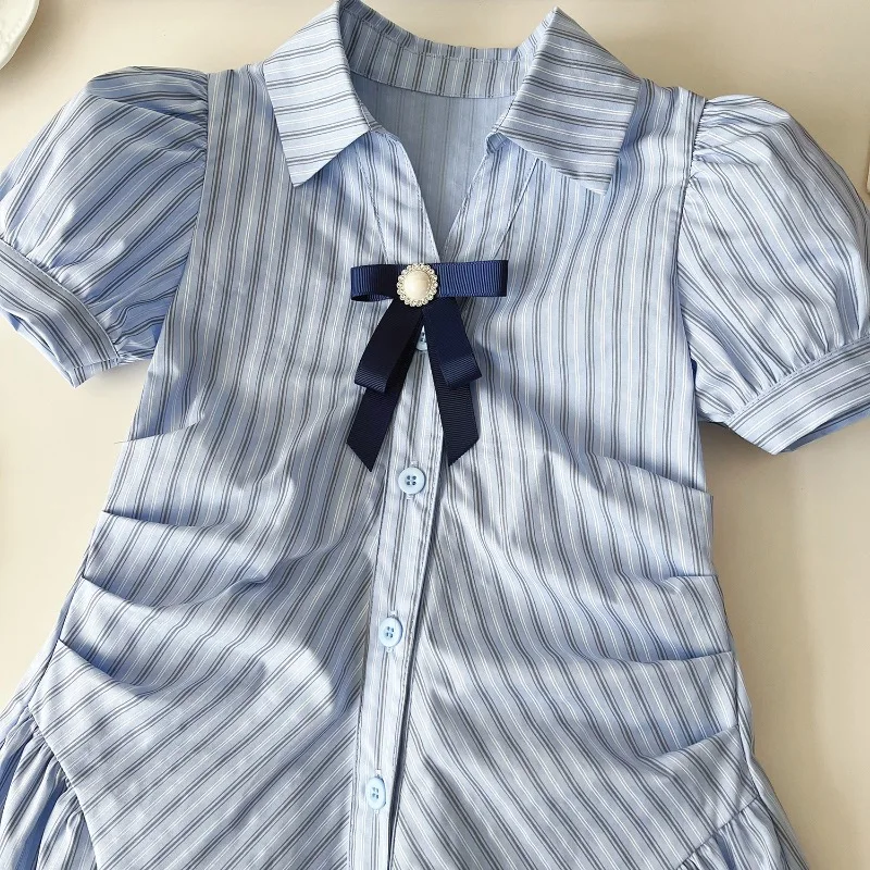 Summer Girls Dress Puff Sleeve Striped Kids Dress Korean Lapel Bow Children Dress 2024 New Toddler Girl Dresses 2 3 4 5 6 7Yrs