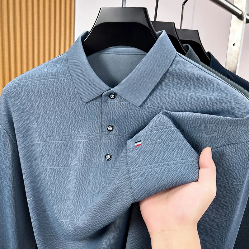 New Men's Fashion Design Lapel Polo Shirt Anti Wrinkle Warm Autumn Solid Color Long Sleeved T-Shirt Versatile Casual Men's Wear