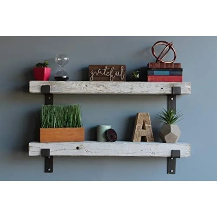 Reclaimed Barn Beam Accent Shelves | Floating or with Brackets Rustic Shelves, Set of 2 (Bracketed White Wash, 40