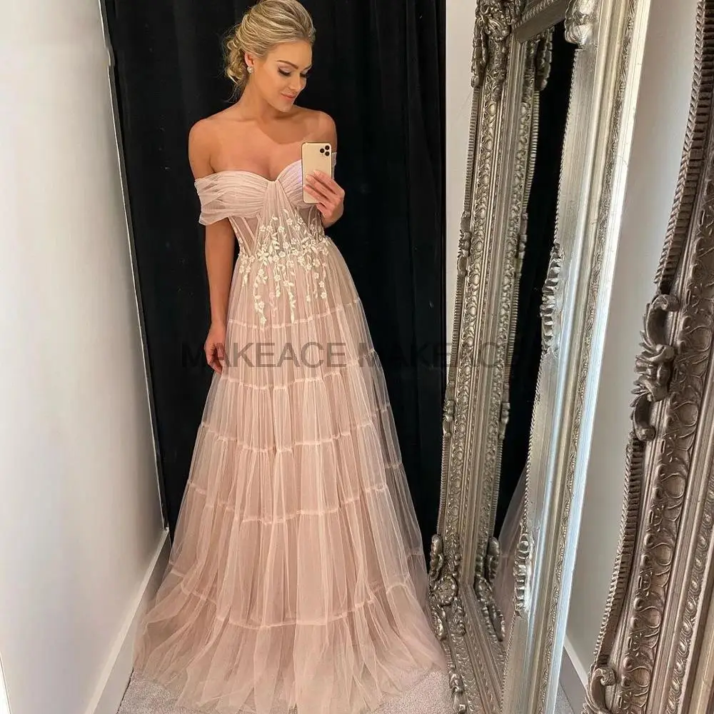 Light Green Tulle Long Prom Dresses Pleats Off the Shoulder Plus Size Women Party Gowns Evening Dress A Line Sweetheart