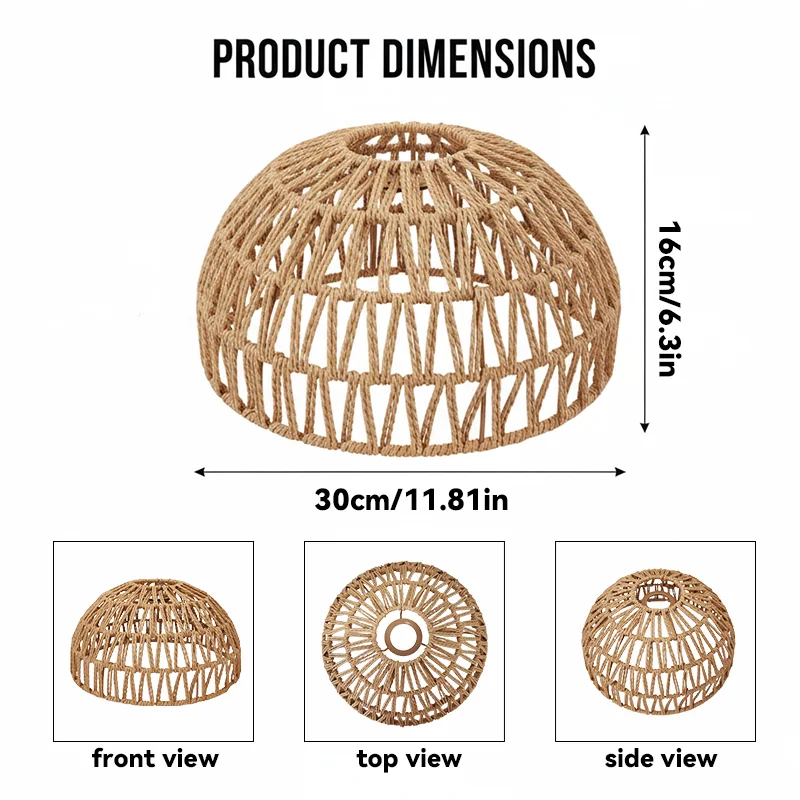 Natural Rattan Paper Rope Lamp Shade, Bohemian Dome Cover for Pendant Light Home Decor