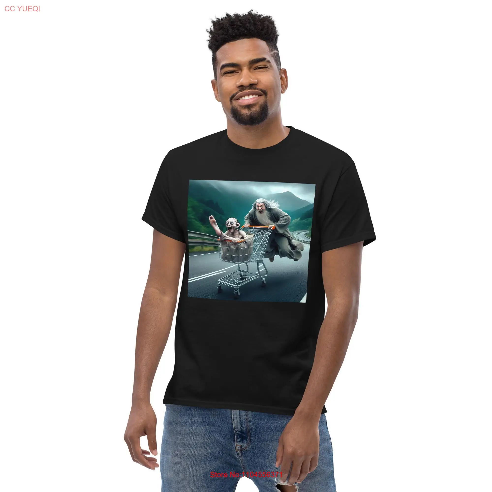 

Wizard Pushing Goblin in Shopping Cart T Shirt Funny Fantasy Hilarious Adventure Unique for Gamers Fans