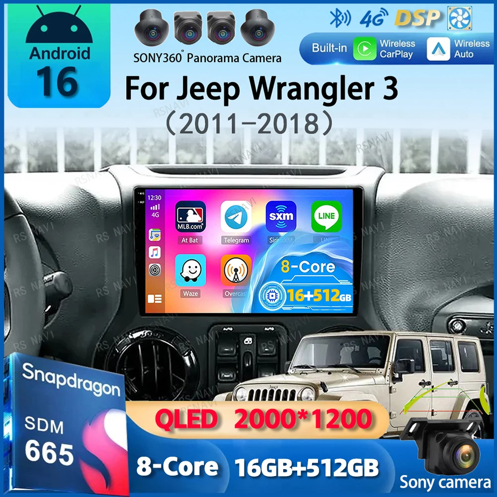 Android 16 CarPlay Auto Car Radio For Jeep Wrangler 3 JK 2011-2018 GPS Multimedia Player Autoradio Navi Stereo 4G+WIFI DSP 2din