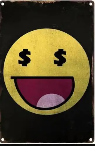 CARA SONRIENTE $ $ LETRERO DE METAL CON CARA SONRIENTE Y OJOS DE DINERO, LETRERO DE PARED PARA CAVE DE HOMBRE