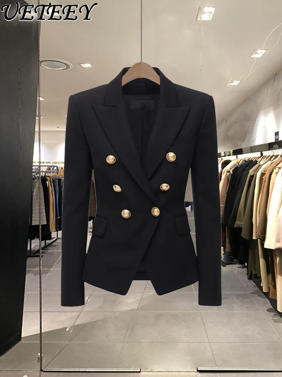 Elegant Fashion Black Double Breasted Suit Jacket for Women 2024 New Spring Autumn Design Sense Waist-Tight Short Blazer Coat