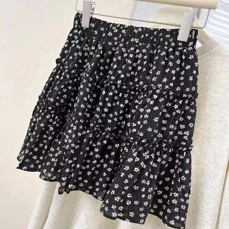 تنانير نسائية مطبوعة باللون الأسود Feminino بسيطة بخصر مطاطي كاجوال للسيدات شارع العليا ريترو على شكل حرف a على الطراز الكوري صغير الكل مباراة #4