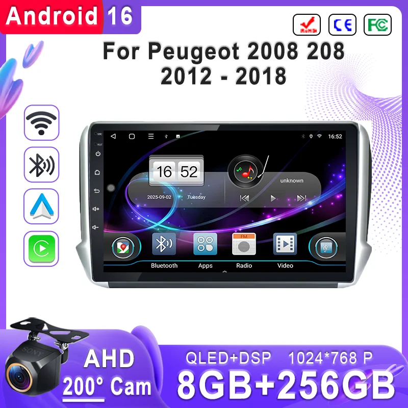 

Android 16 2K Incell Screen Мультимедийная стереосистема для Peugeot 2008 208 2012-2018 Plug and Play Высокопроизводительный процессор HDR Dash Cam