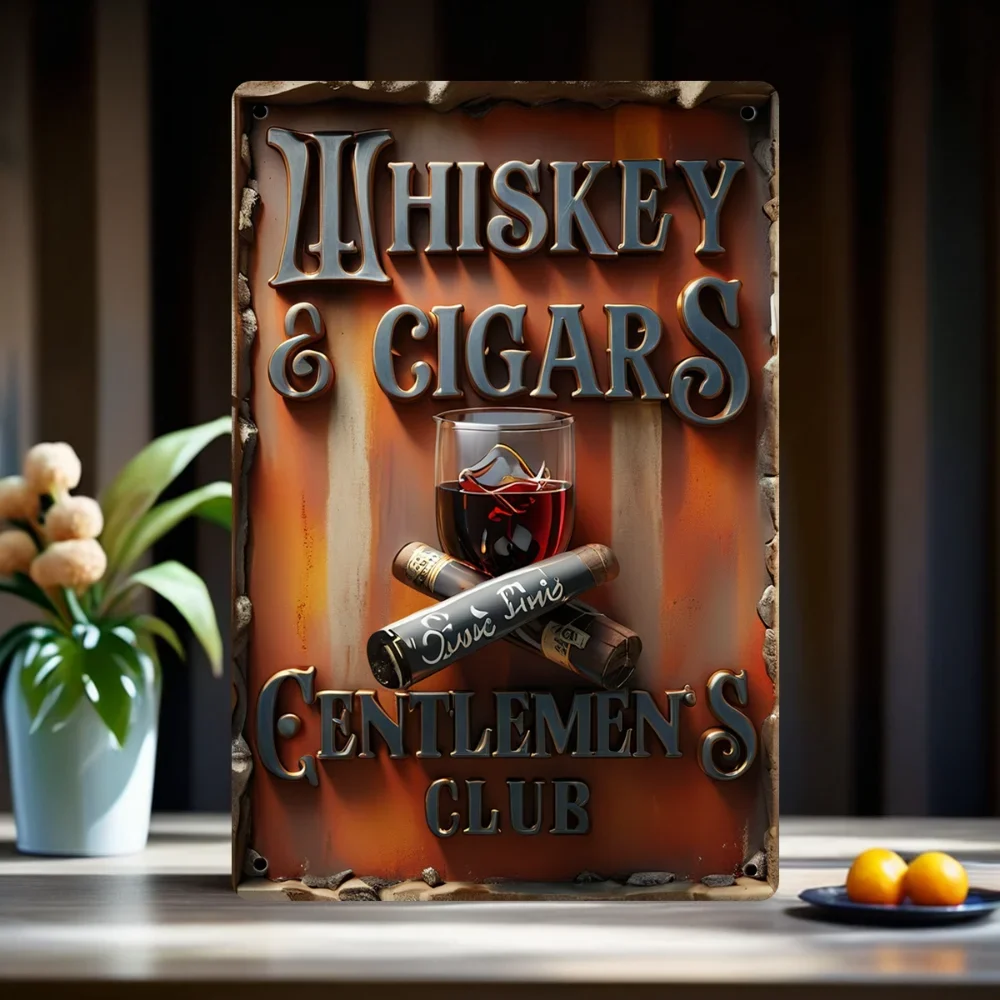 Vintage Metal Whiskey and Cigar Gentlemen's Club Sign: 8 X 12 Inches / 20 X 30 Cm, Art Print Poster, Wall Art Decoration