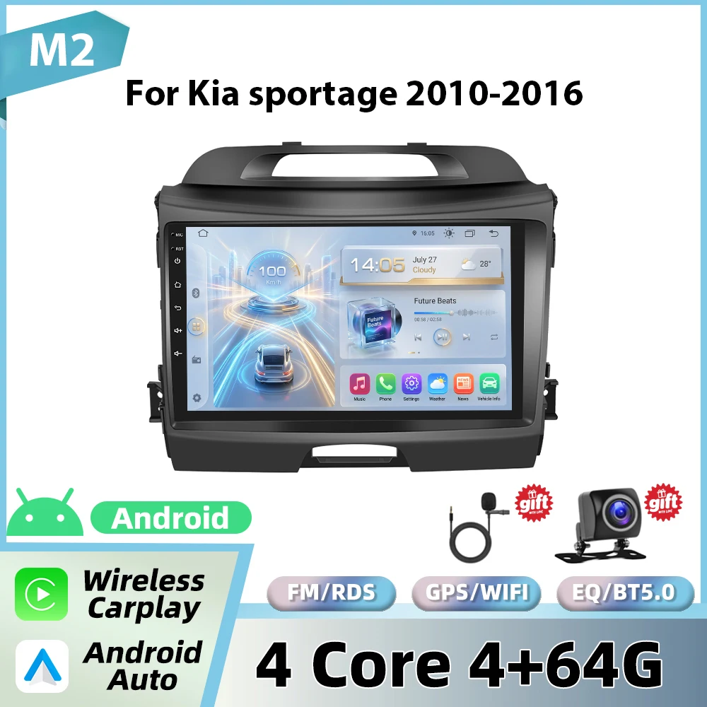 Podofo 9'' autoradio voor Kia Sportage 2010-2016 met draadloze CarPlay, Android Auto, multimediasysteem, WIFI, GPS, FM/RDS, BT head unit