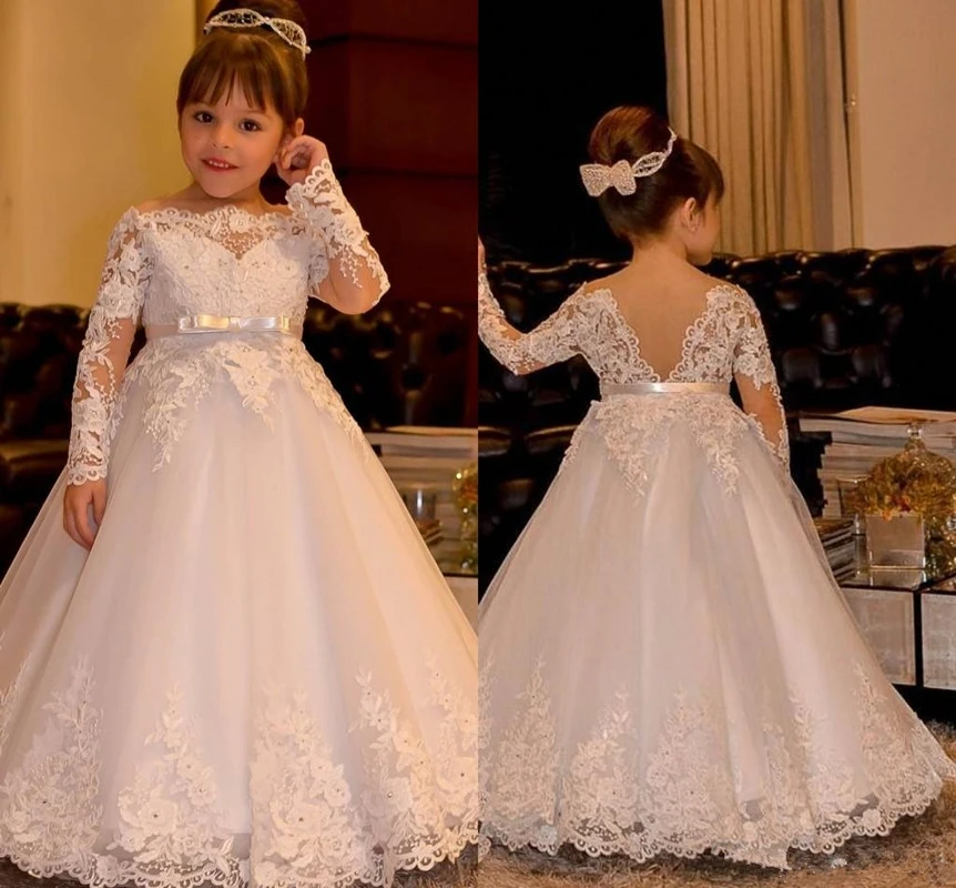 Flower Girl Dresses White Long-sleeved Tulle Lace PrintingWedding Birthday Party Banquet Princess First Communion Gowns