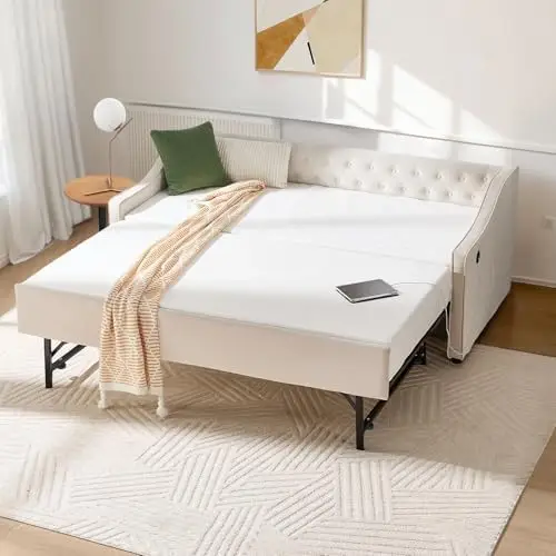 Twin To King Daybed with Pop Up Trundle, Upholstered Button Tufted Velvet Day Bed Frame with USB Ports & Side Pockets