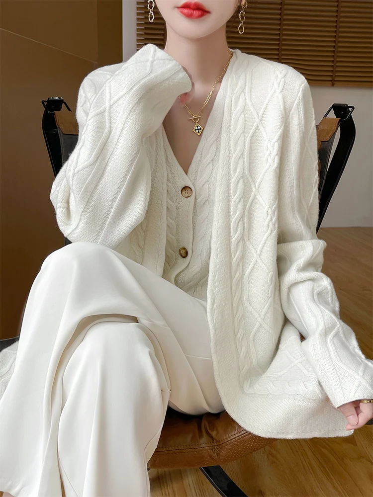 100% ميرينو الصوف المرأة كابل سترة متماسكة معطف دافئ سليم صالح أنيقة عادية الخريف الشتاء موضة عالية الجودة خمر القمم