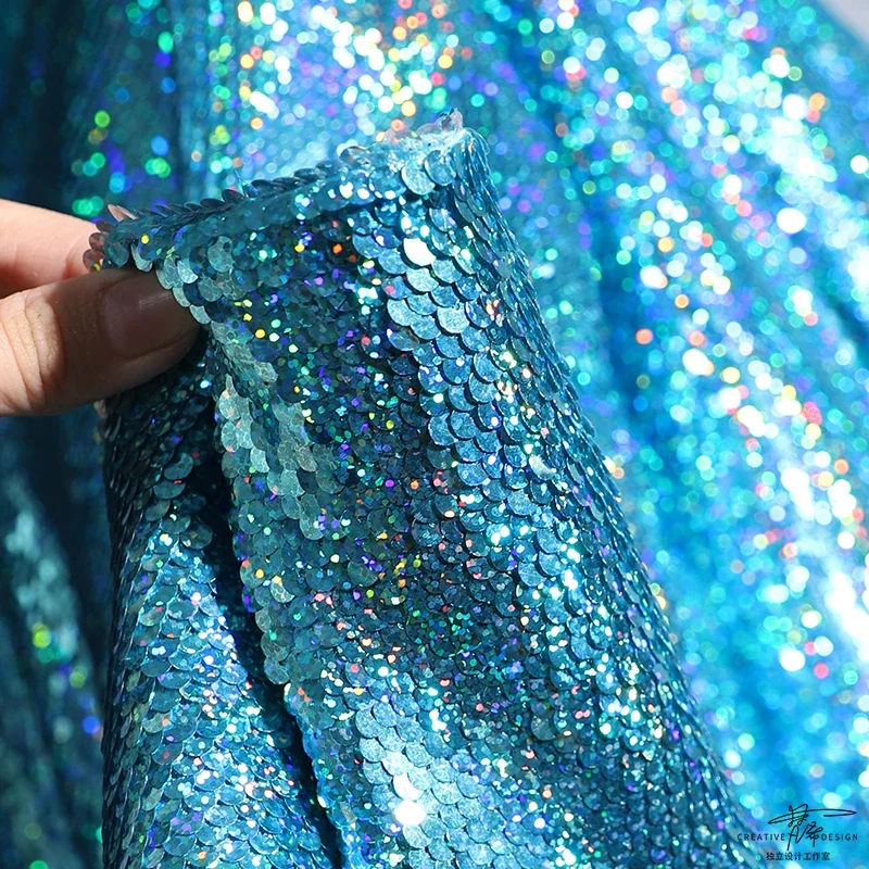 Sequin Mesh Fabric Crystal Blue Double-sided Two-color Metallic Texture Small Fish Scales Clothing Designer Diy Sewing By Meters