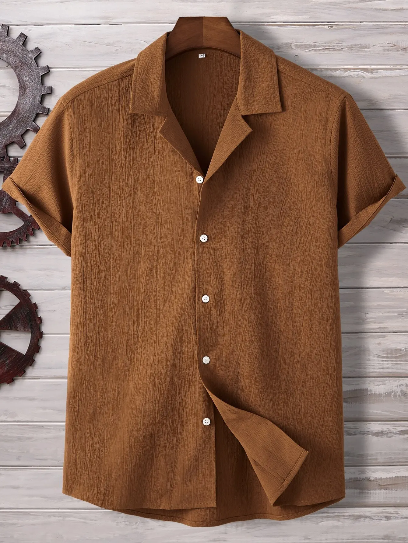

Men's Short Sleeve Button-Front Shirt with Lapel Collar, Rustic Brown Crinkle Fabric