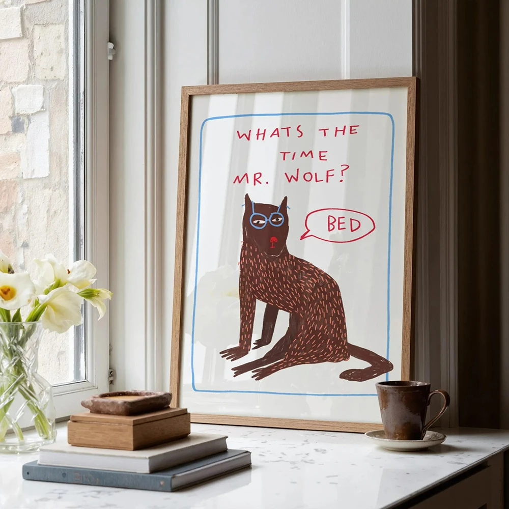 Cartoon Animal Whats the Time Mr Wolf Text Art Coffee Print Painting Wall Art Bedroom Decor Canvas Prints Coffee Gift Poster