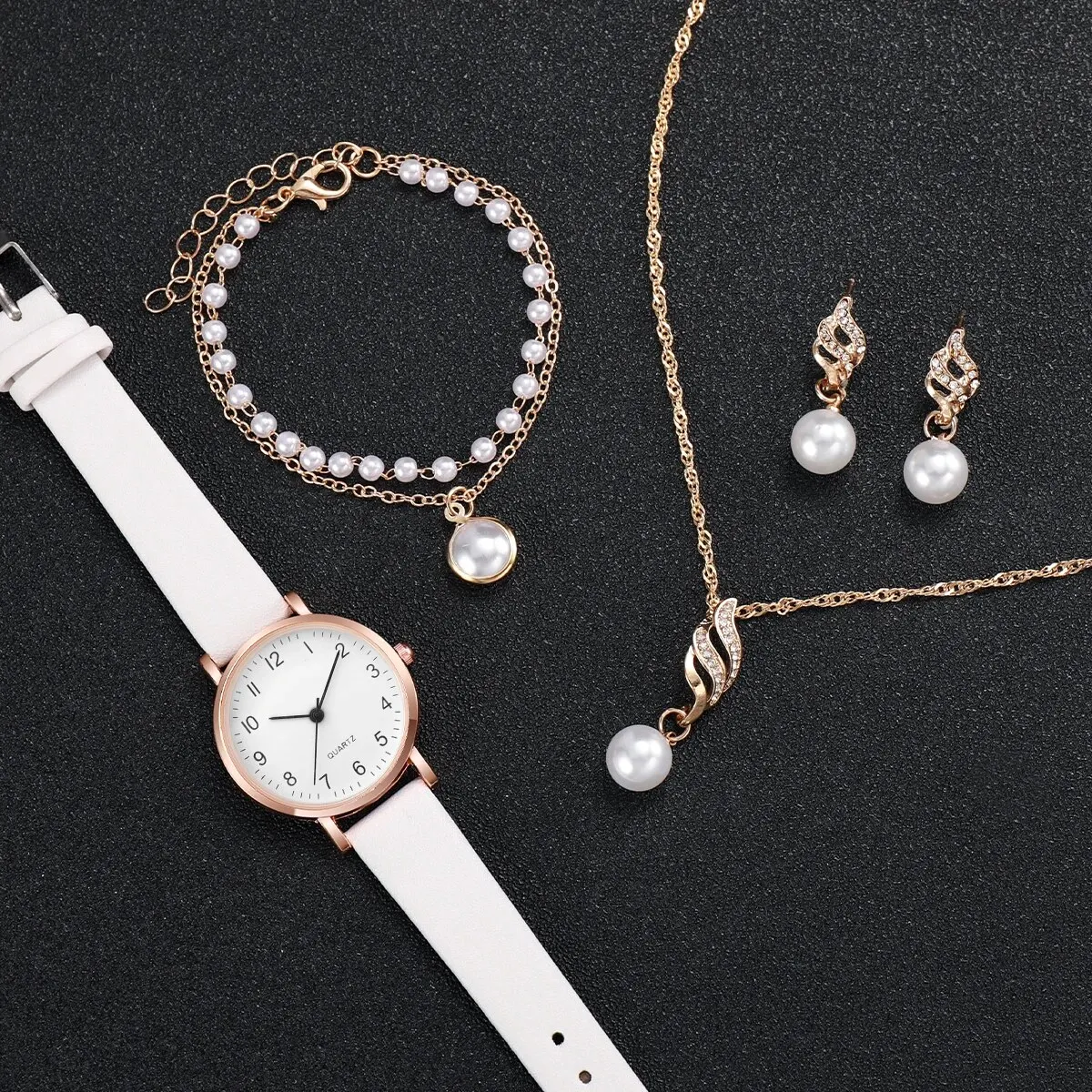Women Rose Gold Pearl Jewelry Watch Set White Leather Quartz Wrist Watch Necklace Earrings Bracelet Ladies Elegant Gift view 2