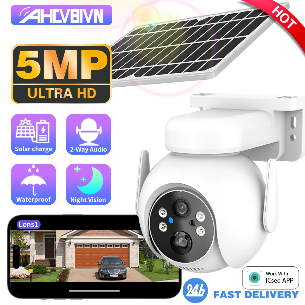 

360° WIFI Solar Camera 5MP PIR Human Detection Outdoor Security With Solar Panel Wireless Surveillance PTZ Battery Camera iCsee