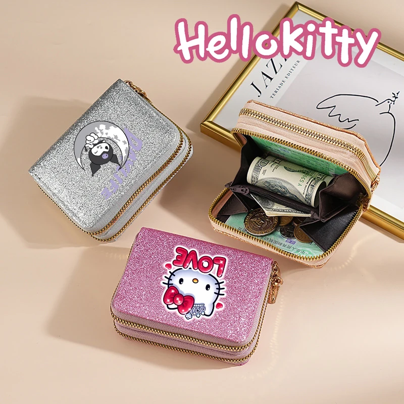 

Sanrio Hello Kitty Fashion Starry Shiny Wallet Cute Cartoon Large Capacity Double Zipper Accordion Exquisite Card Holder Purse
