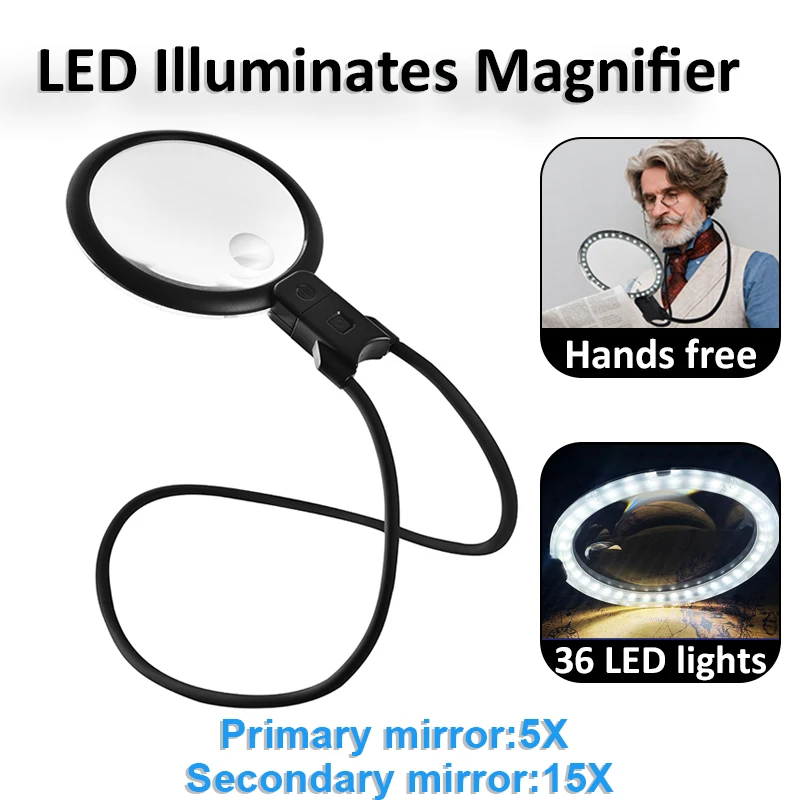 Neck Hanging Magnifier with 36 LED Lights Hands frees Magnification Glass Rechargeable Glass for Book Reading & Detailed Working