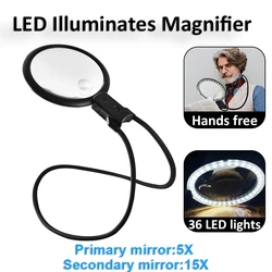 Neck Hanging Magnifier with 36 LED Lights Hands frees Magnification Glass Rechargeable Glass for Book Reading & Detailed Working