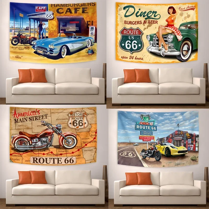 3x5ft  Retro Tapestry Vintage Car Wall Tapestry Route 66 Tapestry for Garage Decor Bedroom  Aesthetic Room Decor # 0@