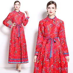 High-quality Fashion Print Elegant Versatile Dress For Women's Summer Autumn Polo Single Breasted Lace-up Slim Fit Long Skirt