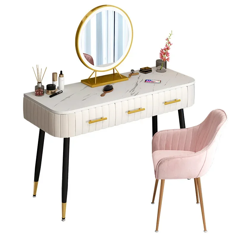 Dressing Table Fashion Bedroom Mirror Furniture Vanity Table Marble Desktop Dresser Bedroom Makeup Chair Set with LED Mirror