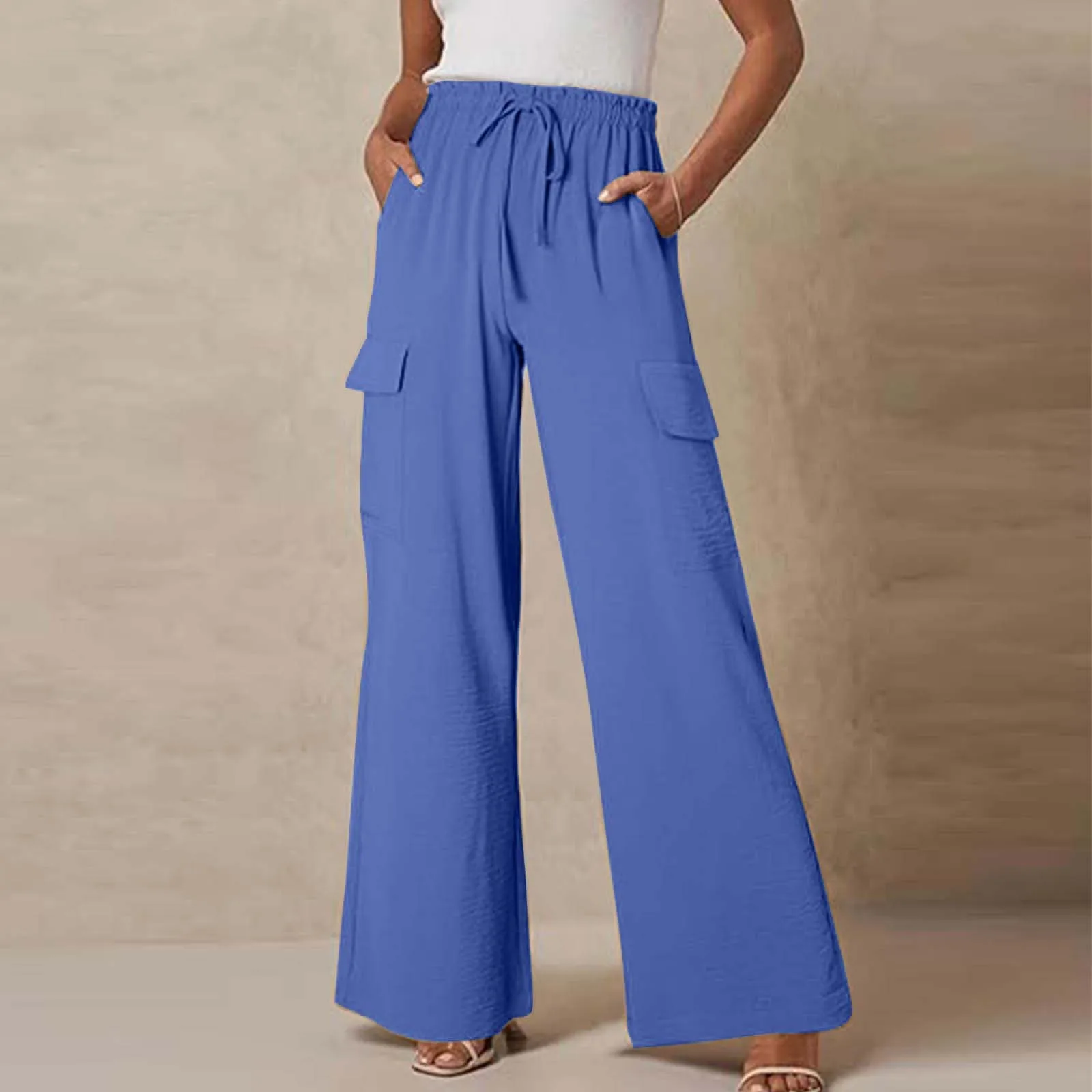 Women Palazzo Pants With Pockets Summer Casual Wide Leg High Waist Pants Flowy Beach Trousers For Casual And Athleisure Wear